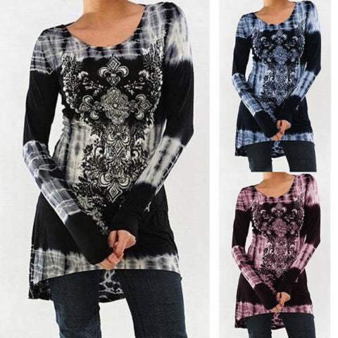 US STOCK Womens Long Sleeve O-neck Printing T-shirt Slim High Waist Tie Dye Tops