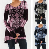 US STOCK Womens Long Sleeve O-neck Printing T-shirt Slim High Waist Tie Dye Tops