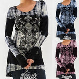 US STOCK Womens Long Sleeve O-neck Printing T-shirt Slim High Waist Tie Dye Tops